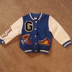 Toddler Blue and White Varsity Jacket with Patches